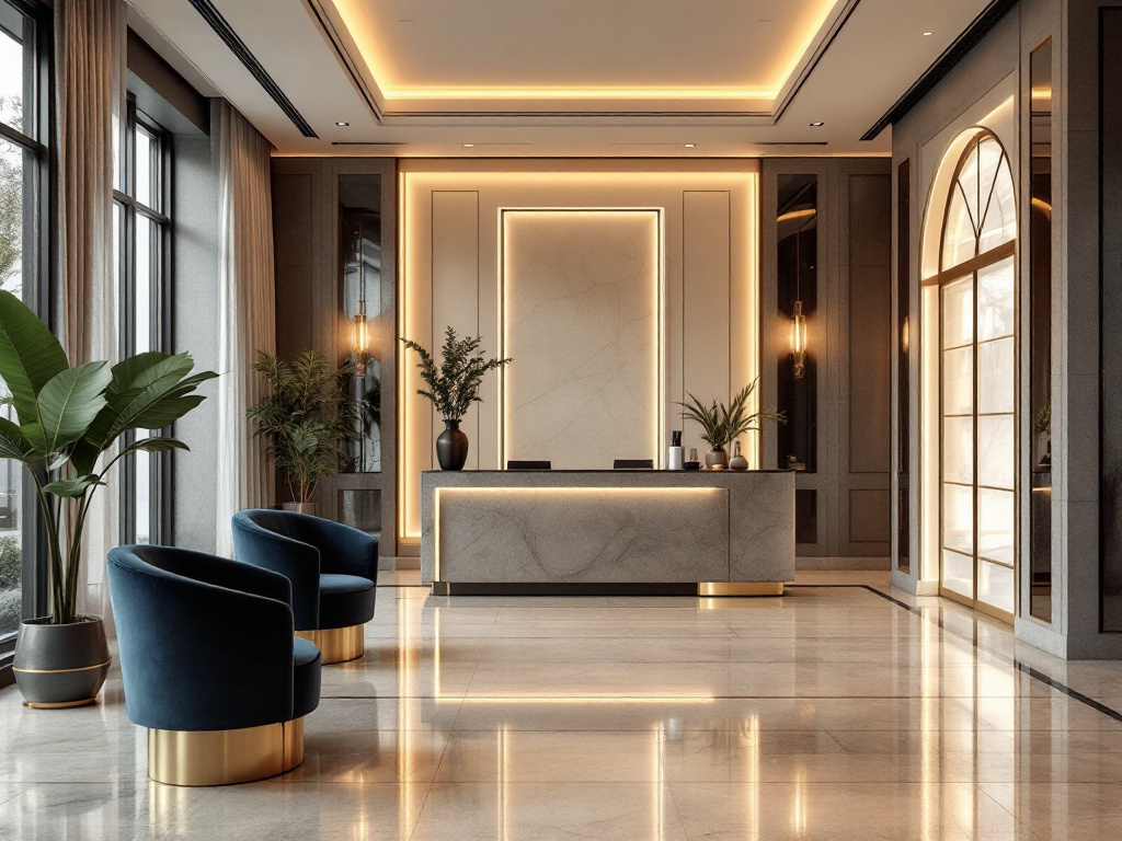 Warm, modern hotel lobby with a reception desk and soft evening lighting